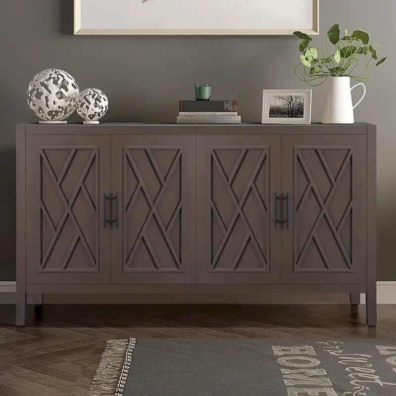 Buffet 4 portes en bois twill de style campagnard américain vintage pour salon, salle à manger ou entrée.