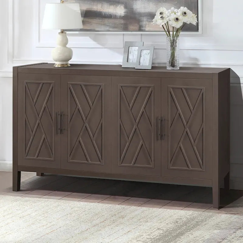 Buffet 4 portes en bois twill de style campagnard américain vintage pour salon, salle à manger ou entrée.