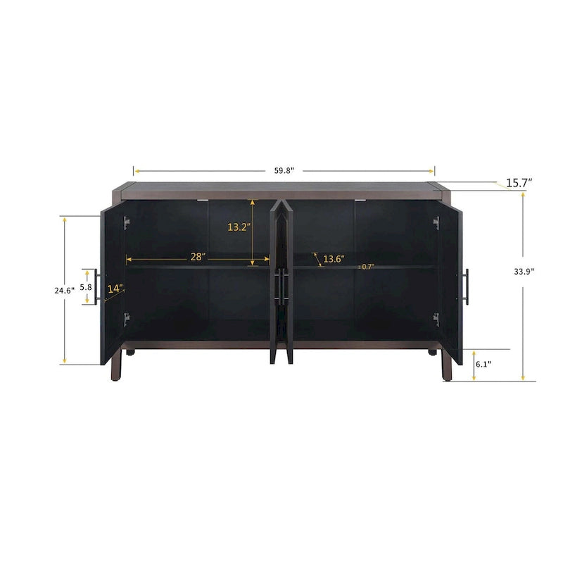 Buffet 4 portes en bois twill de style campagnard américain vintage pour salon, salle à manger ou entrée.