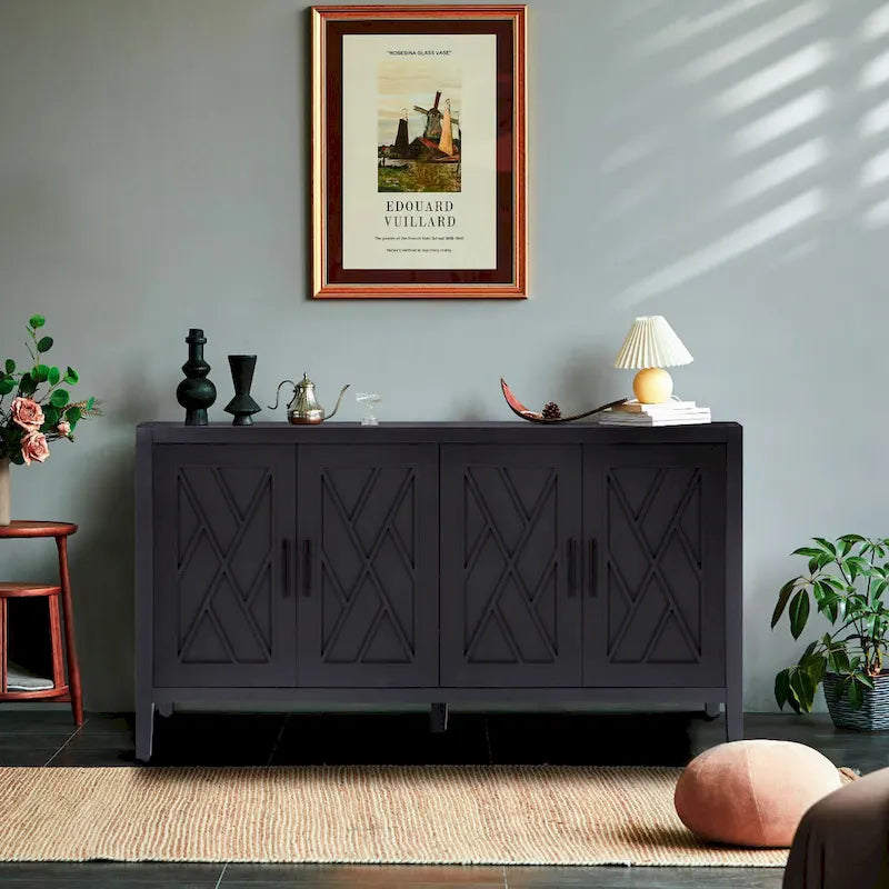 Buffet 4 portes en bois twill de style campagnard américain vintage pour salon, salle à manger ou entrée.