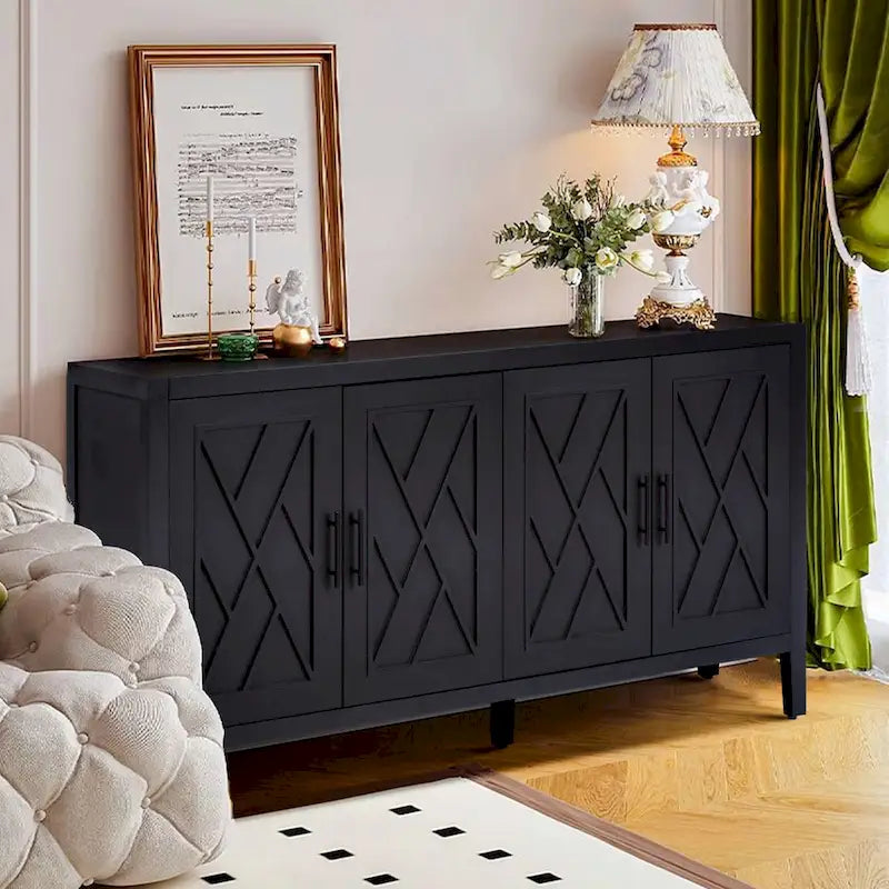 Buffet 4 portes en bois twill de style campagnard américain vintage pour salon, salle à manger ou entrée.