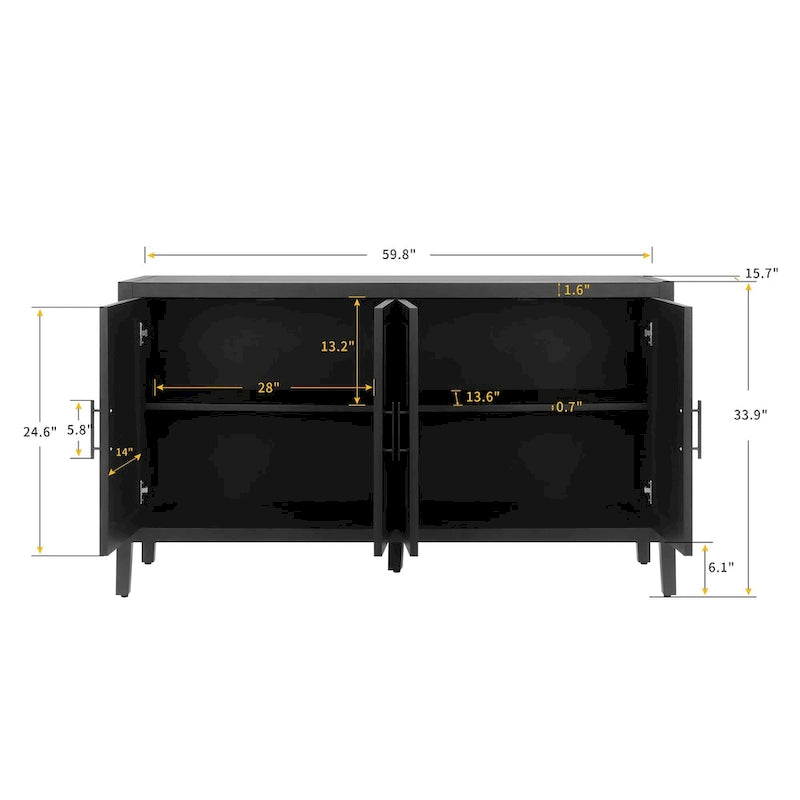 Buffet 4 portes en bois twill de style campagnard américain vintage pour salon, salle à manger ou entrée.