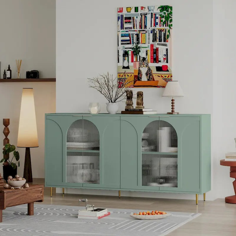 Meuble d'appoint – Buffet/Bahut en bois laqué avec 4 portes vitrées – Armoire de rangement pour salon
