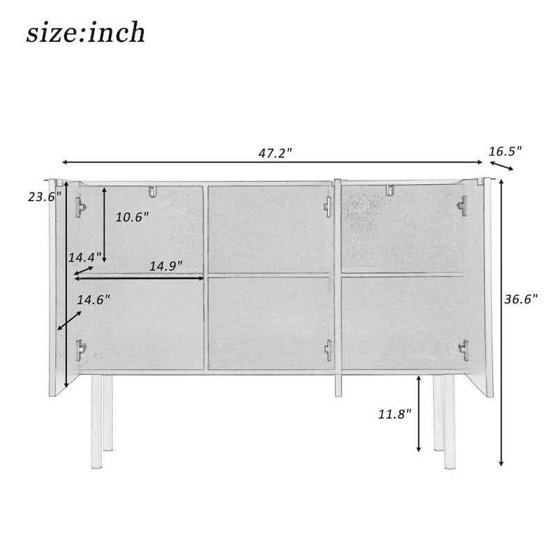 Buffet avec pieds, poignées et étagères réglables en métal doré – 119 L x 42 P x 90 H cm