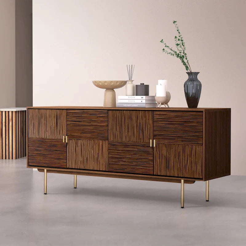 Bahut de 160 cm de large avec bois d'acacia et portes en rotin