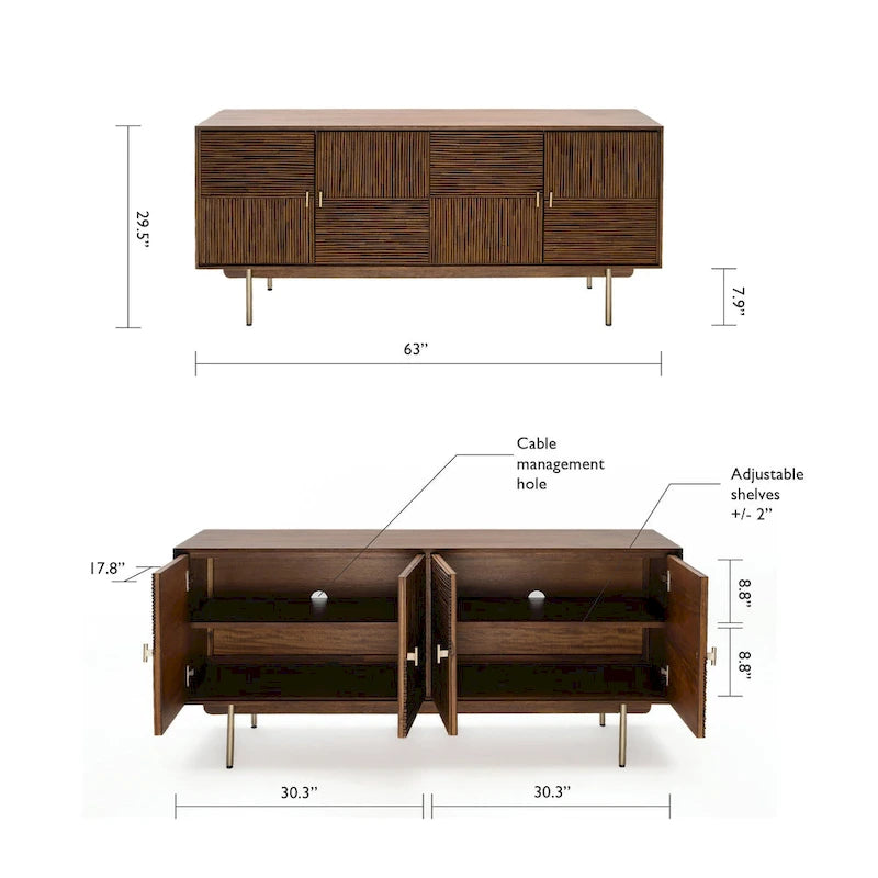 Bahut de 160 cm de large avec bois d'acacia et portes en rotin