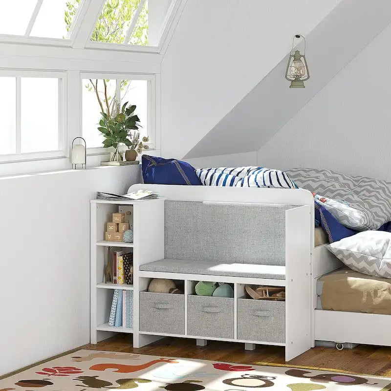 Étagère pour livres pour enfants avec coin lecture, banc bibliothèque pour tout-petits et organisateur de rangement de jouets avec coussin d'assise et de dossier