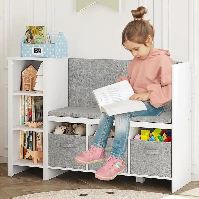 Étagère pour livres pour enfants avec coin lecture, banc bibliothèque pour tout-petits et organisateur de rangement de jouets avec coussin d'assise et de dossier