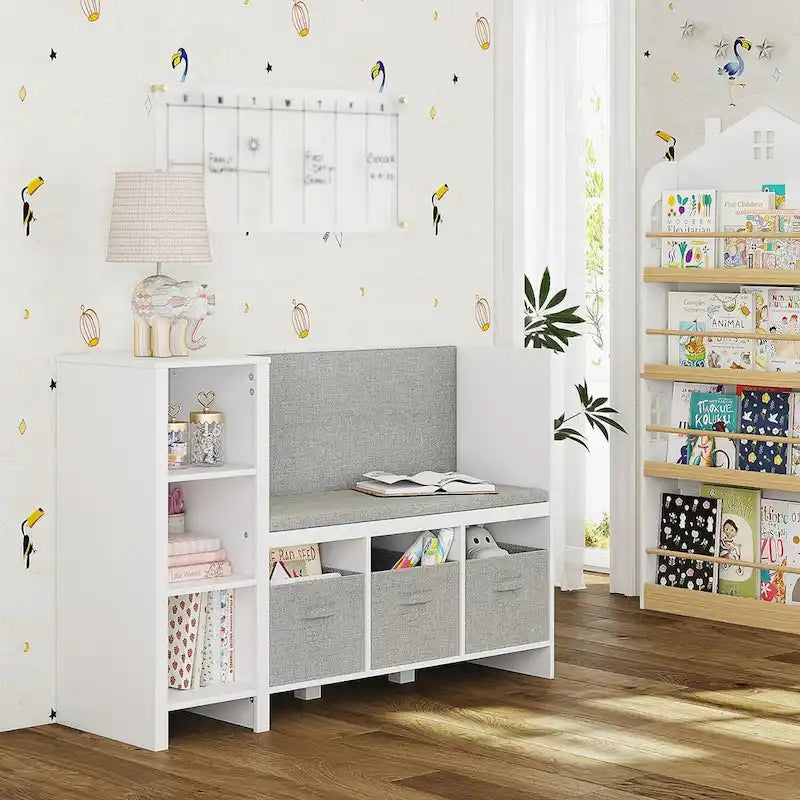Étagère pour livres pour enfants avec coin lecture, banc bibliothèque pour tout-petits et organisateur de rangement de jouets avec coussin d'assise et de dossier