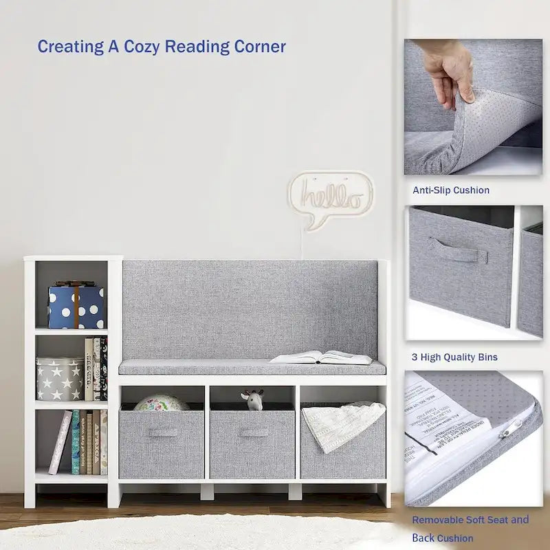 Étagère pour livres pour enfants avec coin lecture, banc bibliothèque pour tout-petits et organisateur de rangement de jouets avec coussin d'assise et de dossier