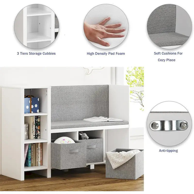 Étagère pour livres pour enfants avec coin lecture, banc bibliothèque pour tout-petits et organisateur de rangement de jouets avec coussin d'assise et de dossier