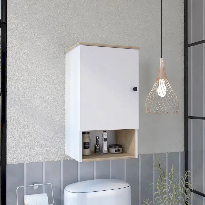 Armoire à pharmacie avec deux étagères internes, finition chêne clair / blanc