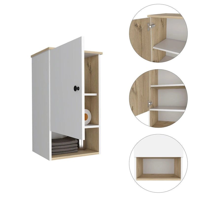 Armoire à pharmacie avec deux étagères internes, finition chêne clair / blanc